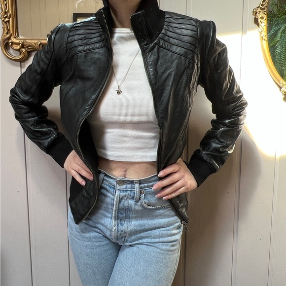 Black Danier leather bomber jacket 2XS - Picture 3 of 9